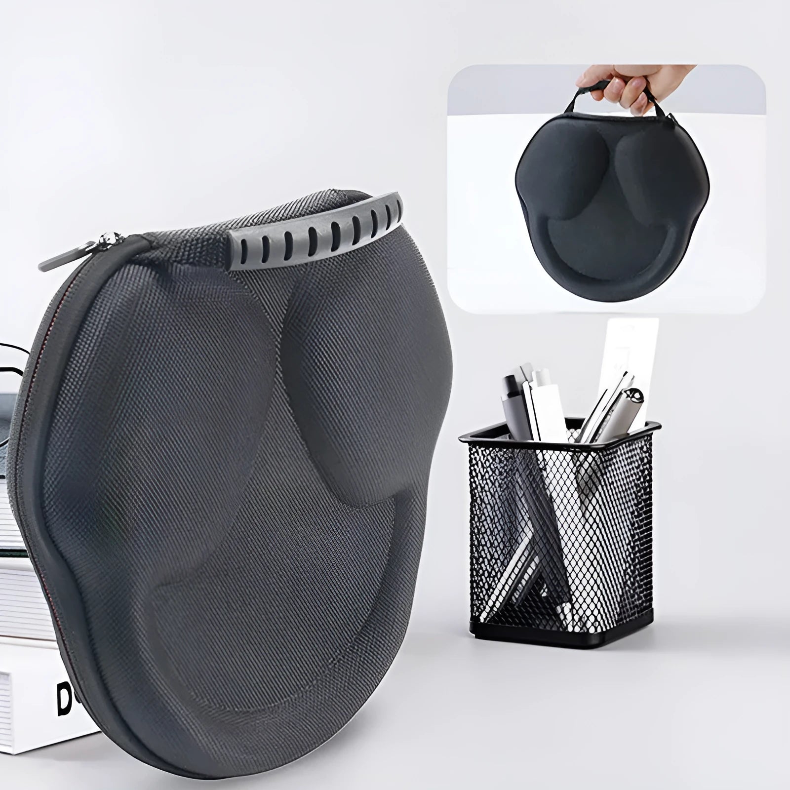 Black EVA Oxford cloth headphone storage bag with hard shell, 22x21x5.5cm, on flat surface