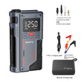 Wireless lithium emergency jump starter with integrated tyre inflator showing battery clips and digital pressure display