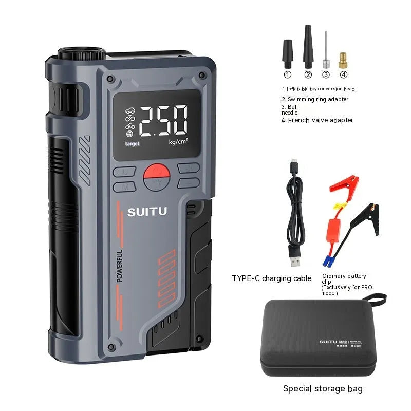 Wireless lithium emergency jump starter with integrated tyre inflator showing battery clips and digital pressure display