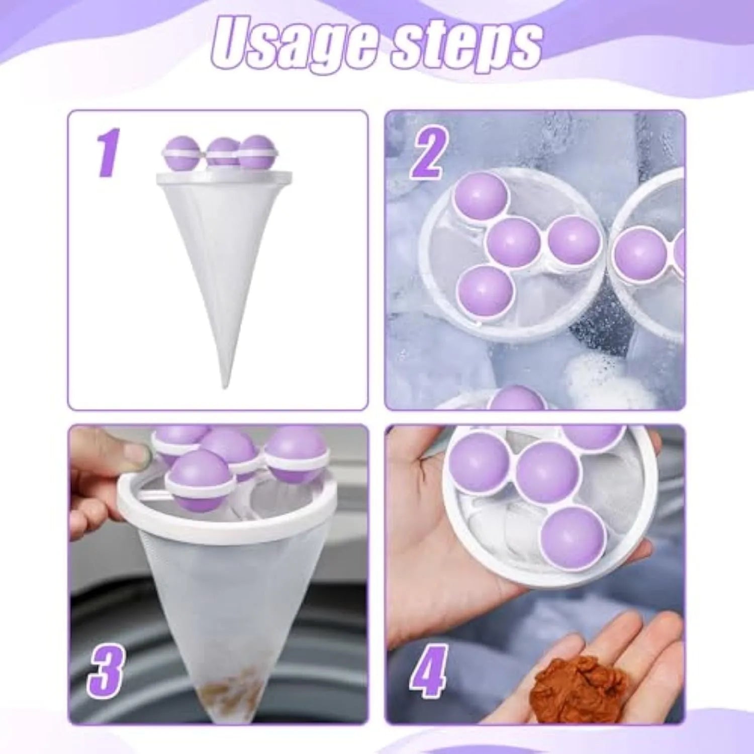 Three reusable washing machine hair filter bags in pink blue purple colours for pet hair removal