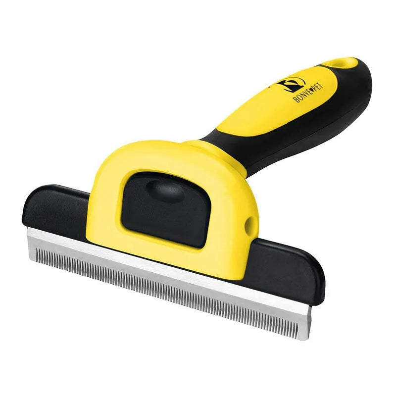 Blue and yellow dog grooming comb with stainless steel teeth for hair removal and knot untying