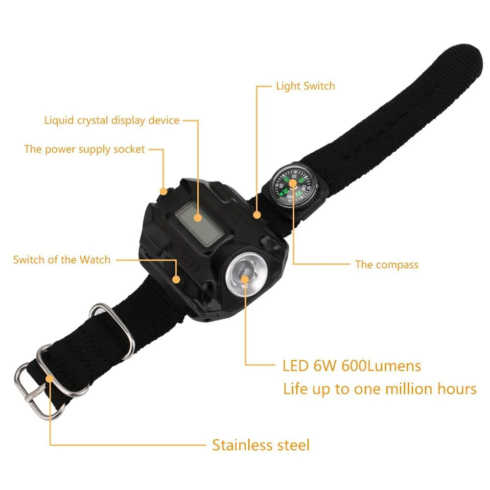 Black LED wrist watch flashlight with compass and time display, USB rechargeable, 4 mode, 100g, 22 x 2.4cm wristband