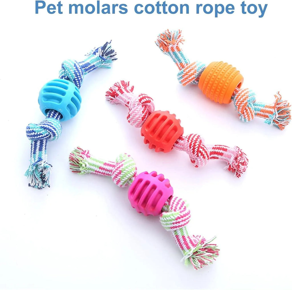 Blue soft dog chew toy with integrated rope for dental care and oral health.