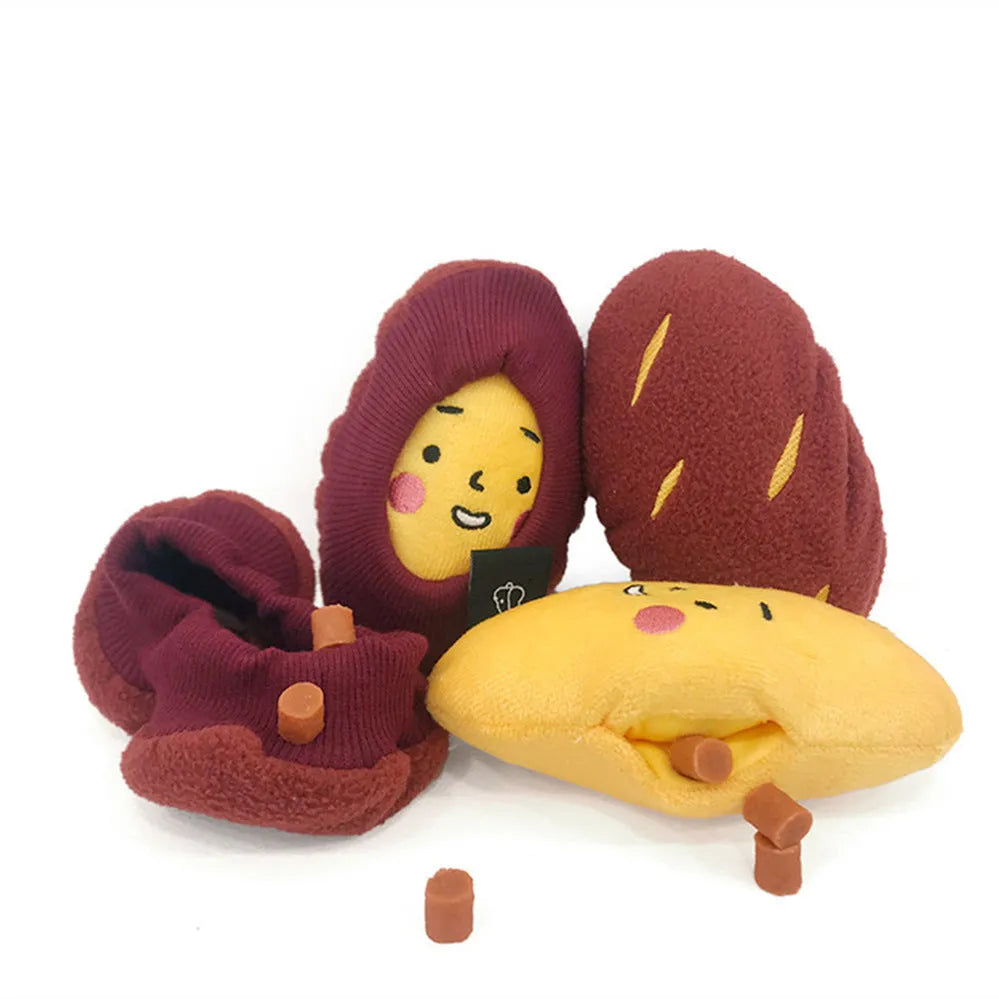 Red sweet potato shaped dog puzzle toy with hidden treat compartments