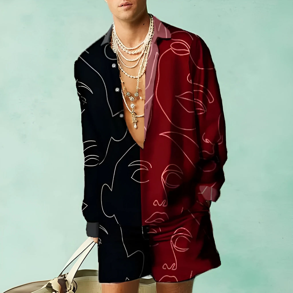 Men's slim-fit long sleeve polyester shirt and matching casual shorts set on a hanger