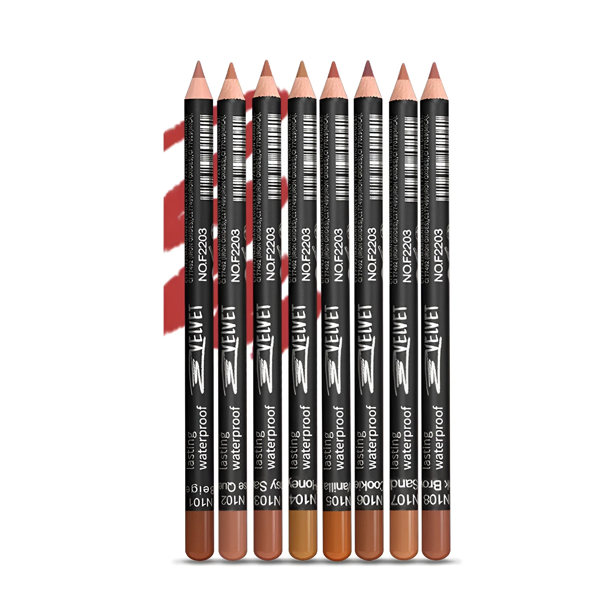Matte finish lip liner pencil in one of 14 available shades, shown on a clean background