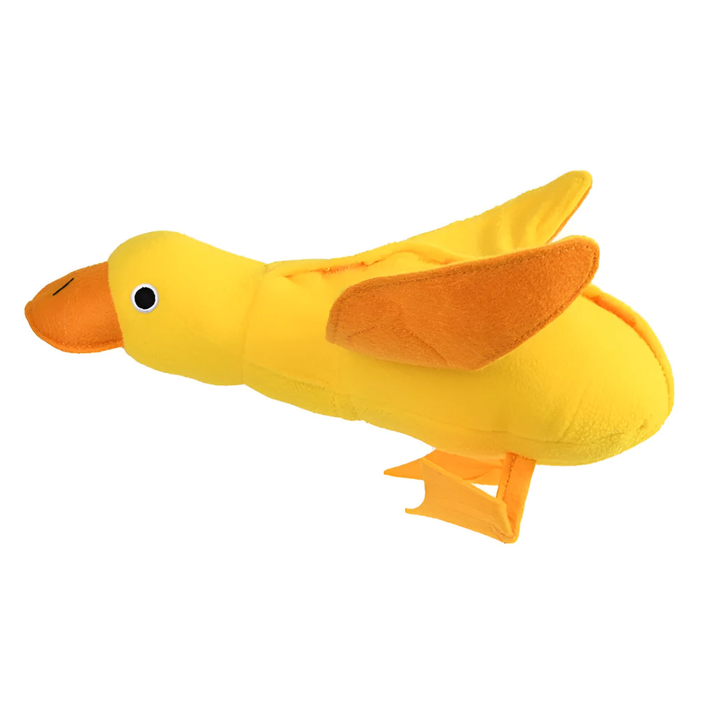 Yellow duck plush dog toy with squeaker and treat dispensing features
