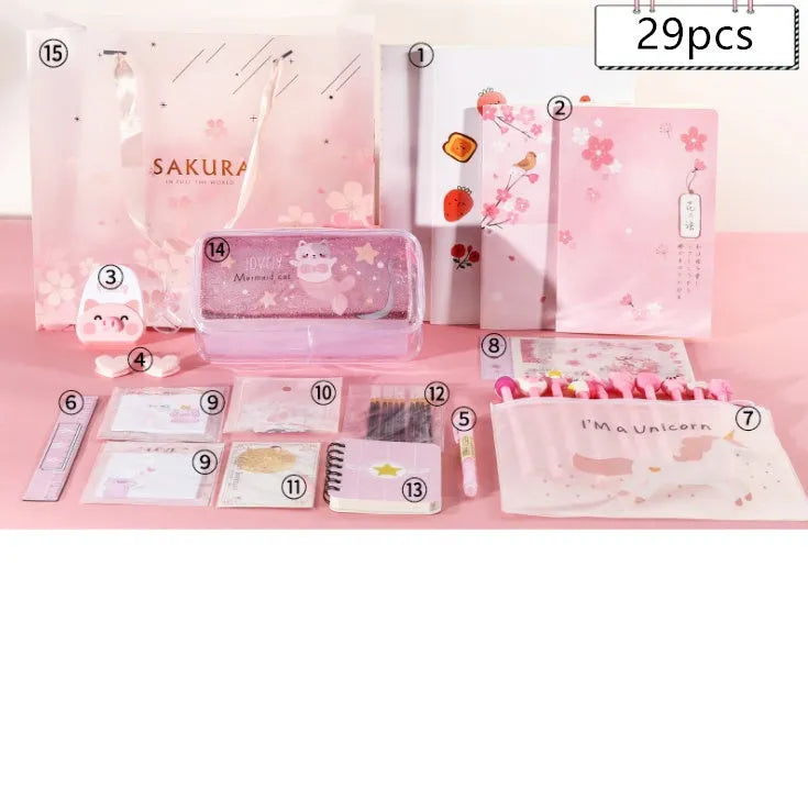 29 piece and 31 piece creative learning supplies stationery set gift bags containing notebooks, pens, and organisers