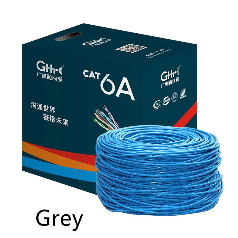 Reel of blue Category 6 network cable with oxygen-free copper core, labelled for gigabit and 10-gigabit speeds.