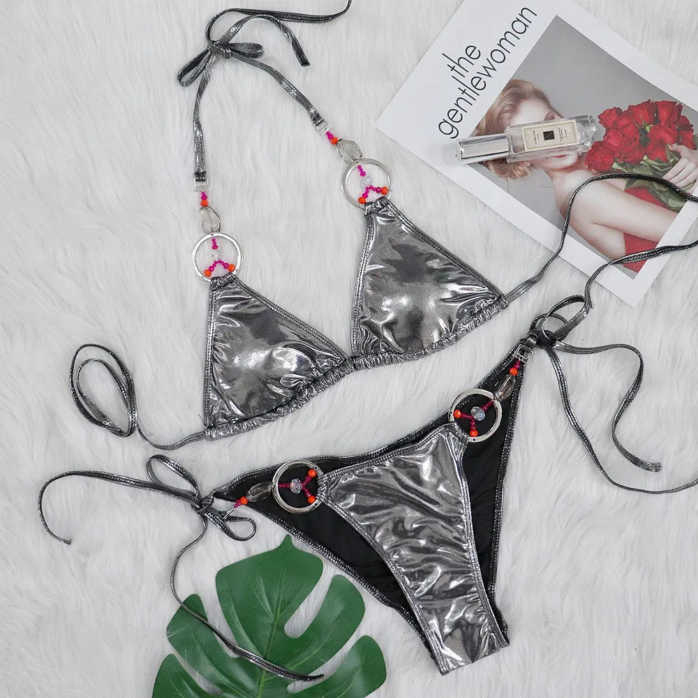 Silver women's bikini swimsuit with briefs style on a mannequin