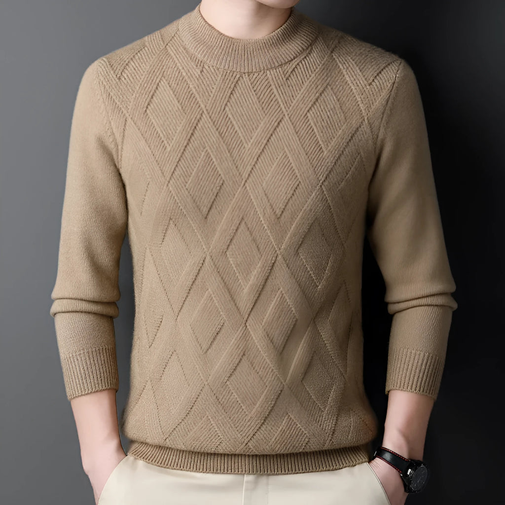 Men's diamond jacquard winter sweater in light camel colour, wool blend fabric