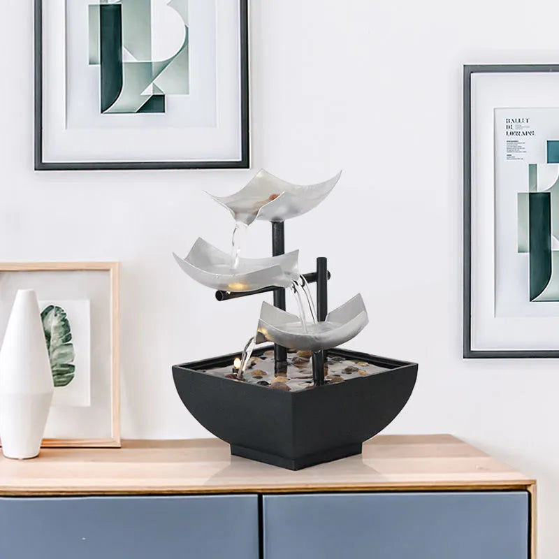 Handmade modern minimalist desktop flowing water fountain ornament in JR001 colour with alloy and plastic construction.