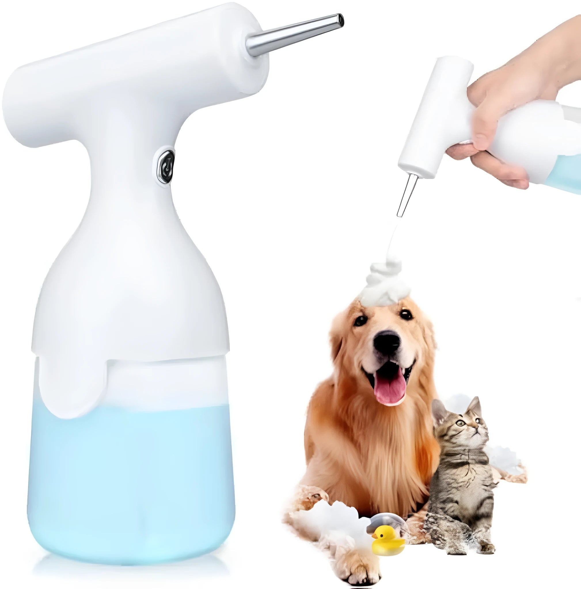 White electric foam soap dispenser with two nozzles for pet bathing and household cleaning