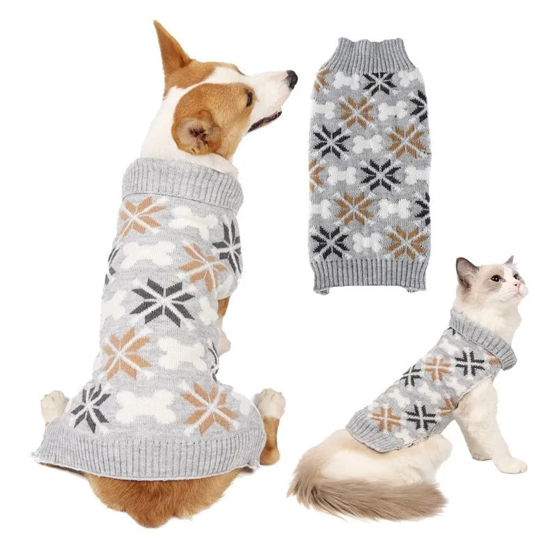 Grey and pink Japanese-style retro jacquard pet sweater and scarf hat sets for dogs or cats.