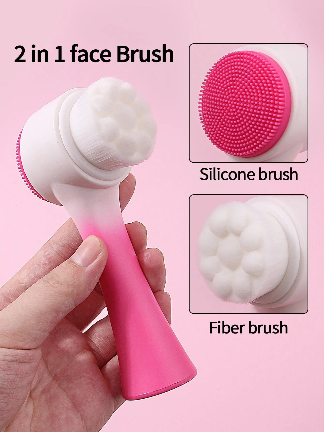Three-piece facial skincare set showing a nylon brush and a coral fleece hair band in purple.