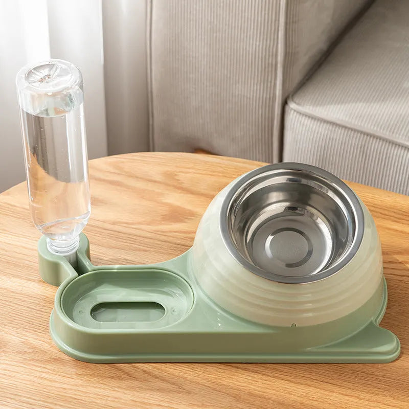 Brown elevated cat food bowl with attached water bottle dispenser on a white background.