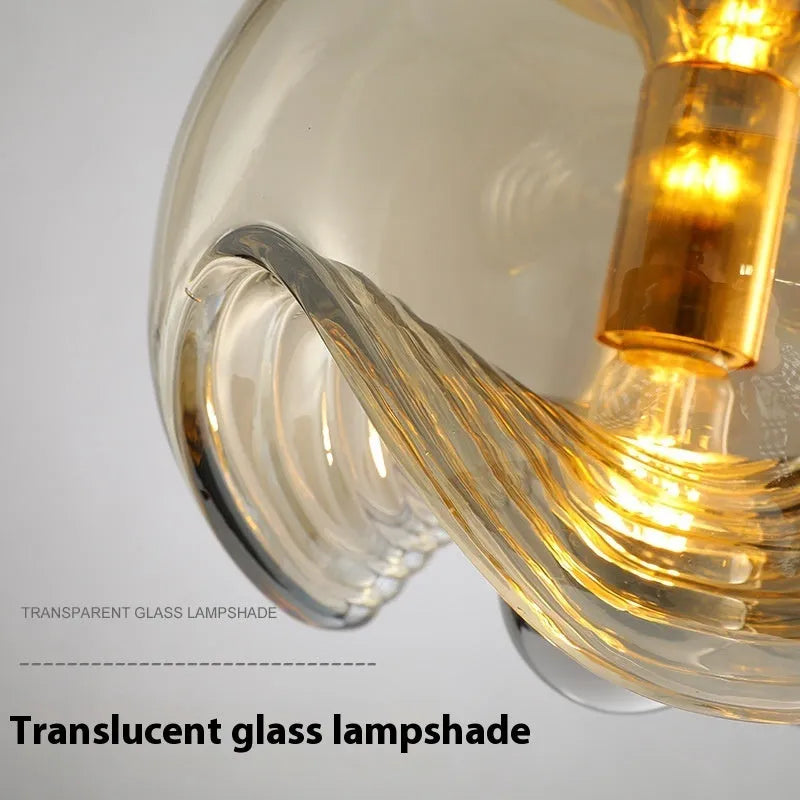 Modern minimalist glass chandelier bedside lamp with 250mm diameter in transparent, amber, or smoky grey light colour options