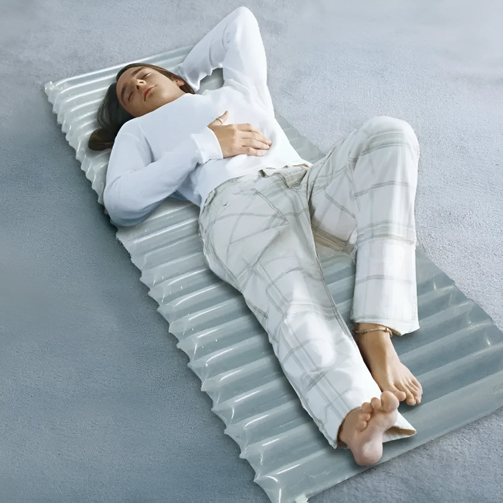 Transparent inflatable airbed for outdoor camping showing clear material and dimensions