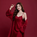 Red ice silk matching men's and women's long sleeve trousers sleepwear set for wedding dowry.