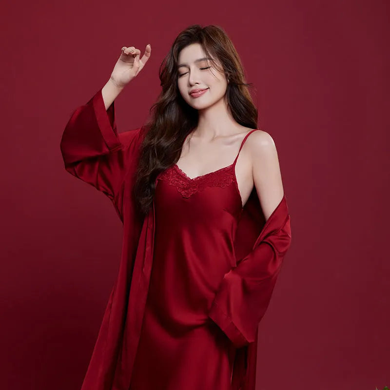 Red ice silk matching men's and women's long sleeve trousers sleepwear set for wedding dowry.