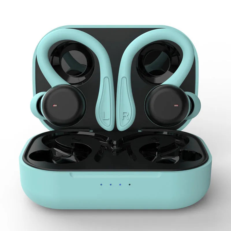 True wireless hanging ear sports headphones with active noise cancellation in black, white, blue, red, or pink colours