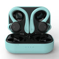 True wireless hanging ear sports headphones with active noise cancellation in black, white, blue, red, or pink colours