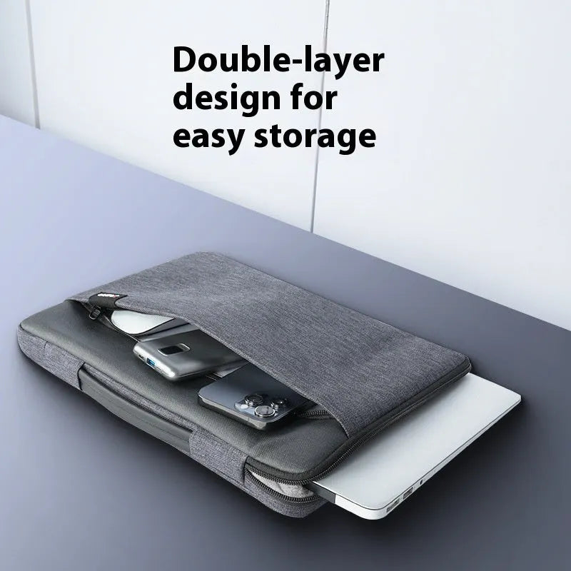 Portable laptop sleeve in 14 inch and 16 inch sizes, polyester outer, polyester cotton lining, solid colour unisex notebook bag