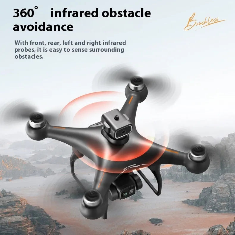 Black HD brushless UAV quadcopter with four-side obstacle avoidance and dual camera, under 30cm in size.
