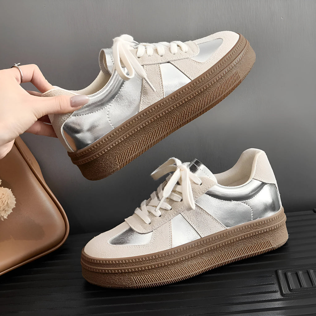 Retro beige and silver casual sports shoes with cross shoulder straps and round toe.