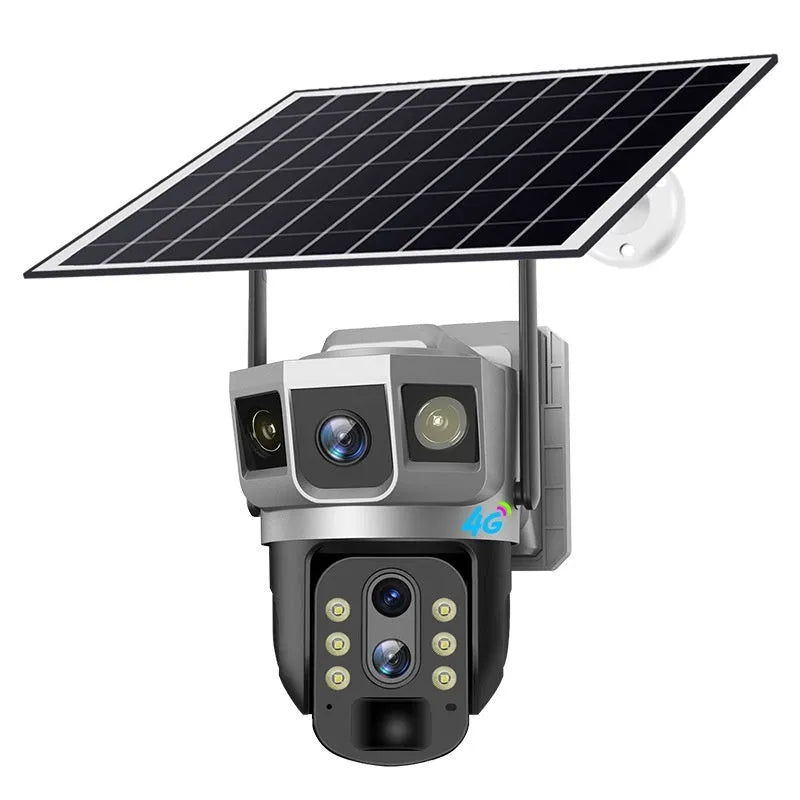 V380 white outdoor 4G security camera with solar panel on a wall mount