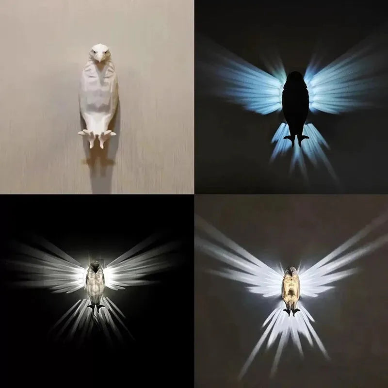3D printed eagle silhouette wall lamp with multicoloured projection lighting on wall