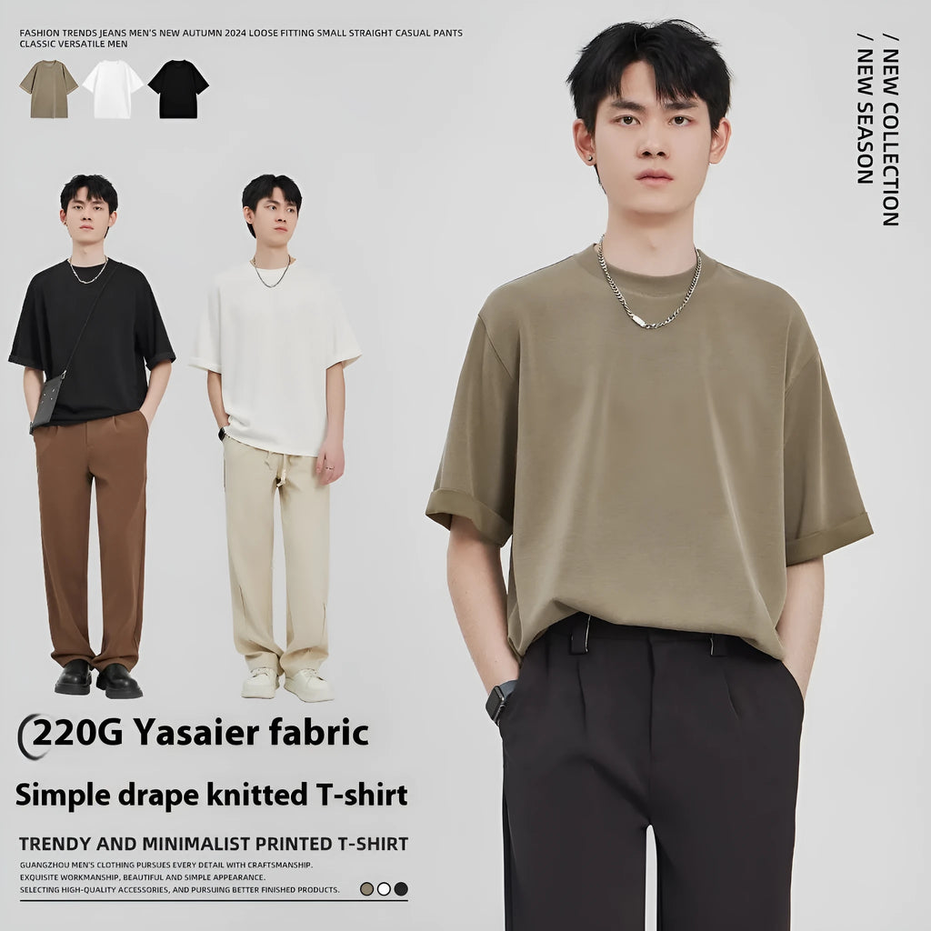 Men's loose drape knit t-shirt in black solid colour with short sleeves casual style