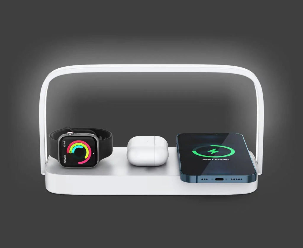 Three-in-one white wireless charger with night lamp for smartphones