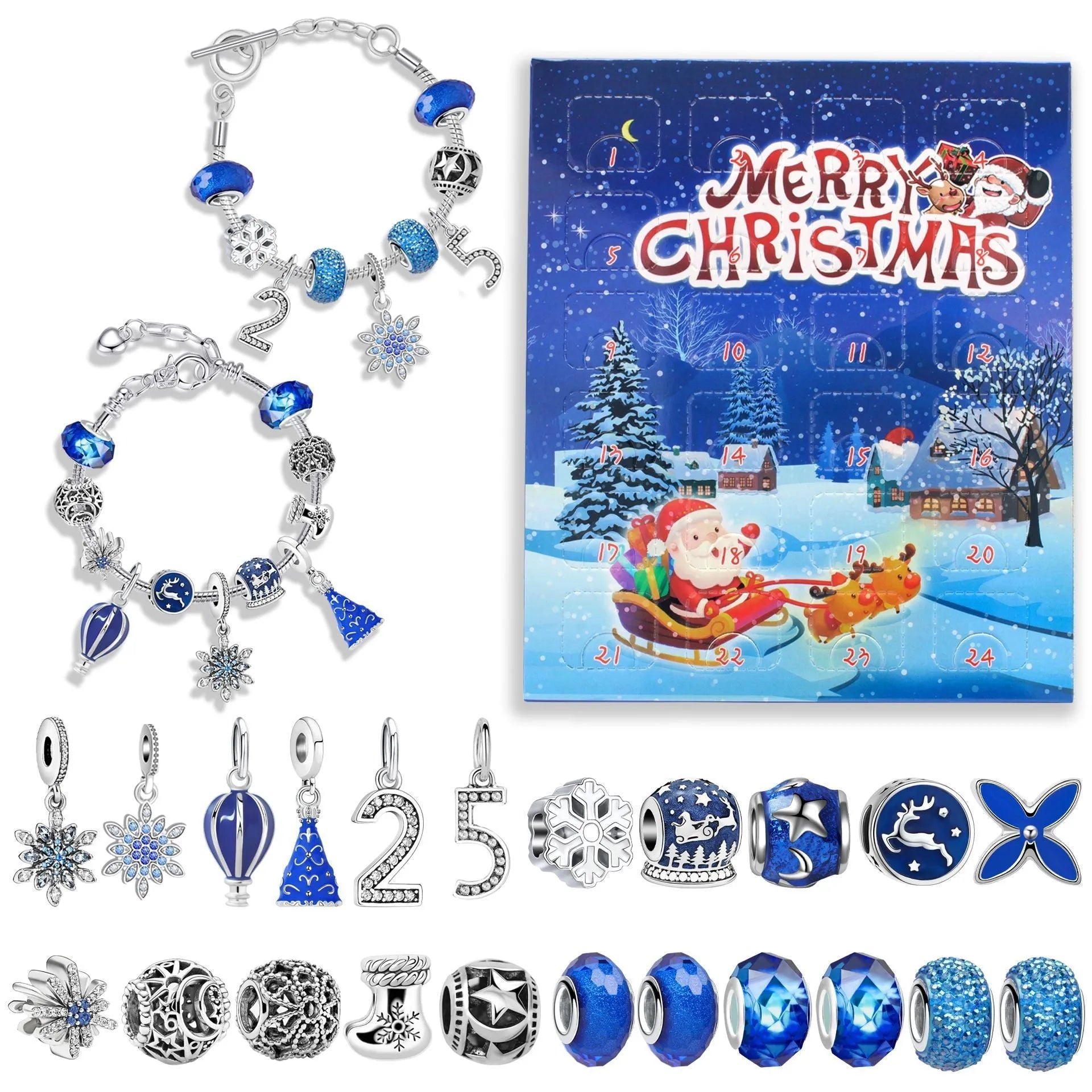 24 grid Christmas advent calendar in blue with flip doors and zinc alloy bracelet blind boxes