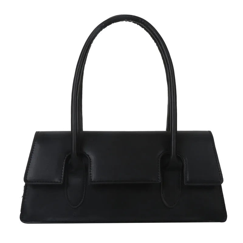Women's black PU small square shoulder bag with single strap and stitching details