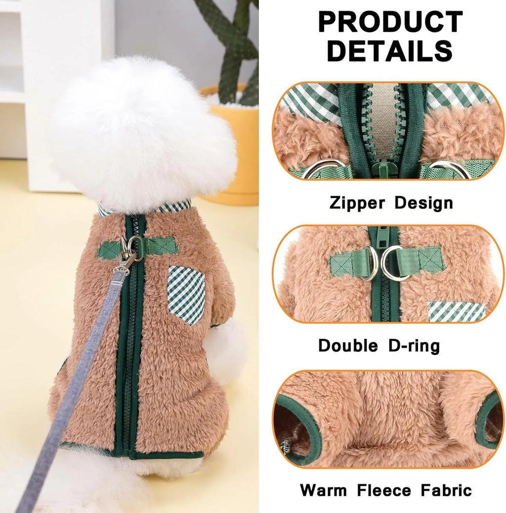 Small dog wearing green fleece coat with back zipper and D-rings, four-legged jumpsuit style