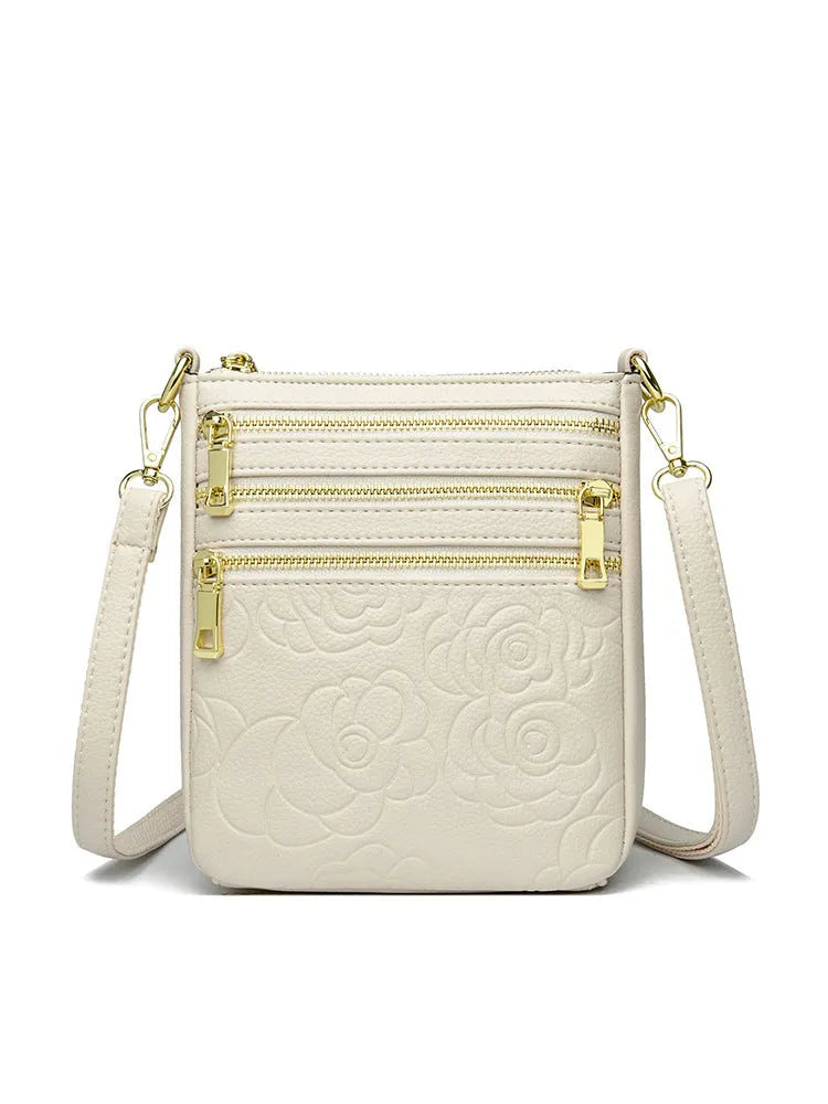 Five-layer soft PU leather embossed shoulder crossbody bag in beige, horizontal square shape, double-jointed strap