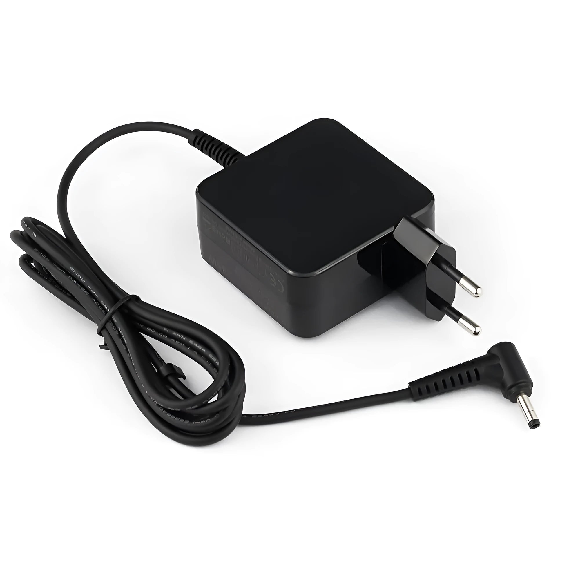 Black 45W laptop power adapter with EU and US plug attachments and a DC charging cable.