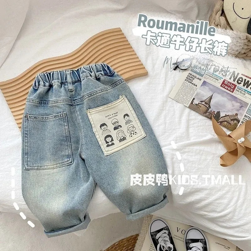 Boys casual light-coloured denim jeans with elastic waist and back pocket printing