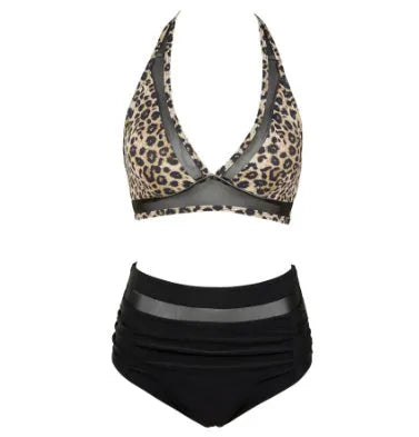 Women's split bikini swimsuit in black, rose red and leopard print colours, briefs style.