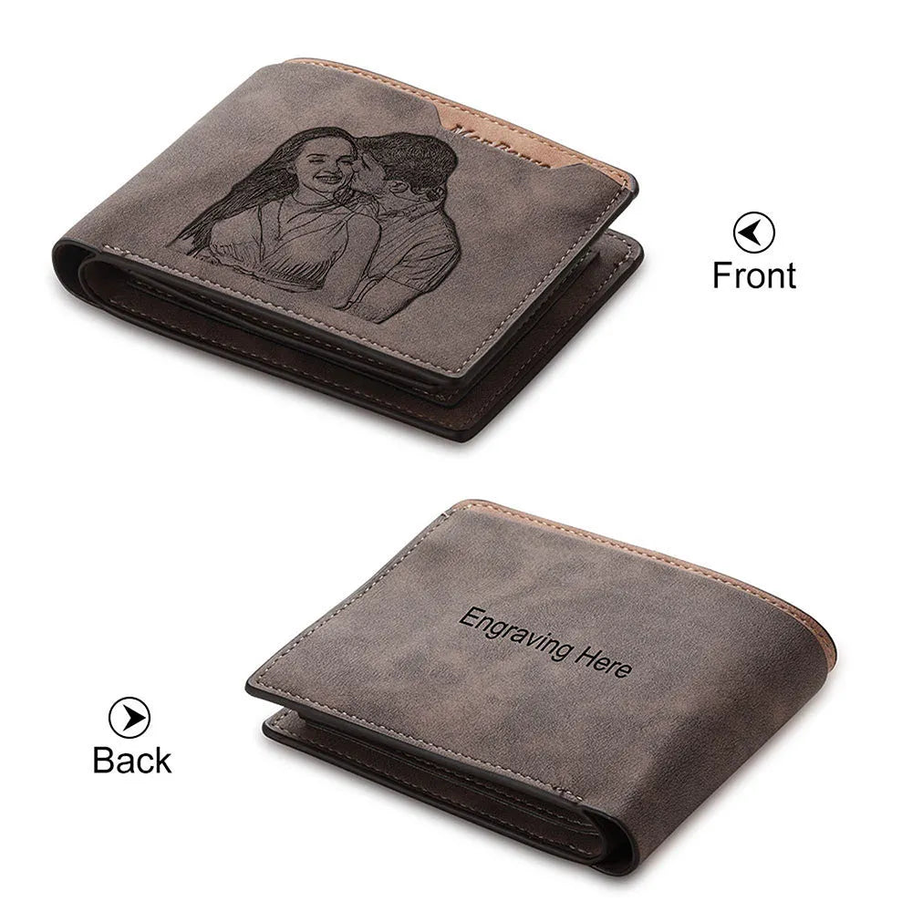 Coffee coloured horizontal short wallet with custom photo engraving and text personalisation.