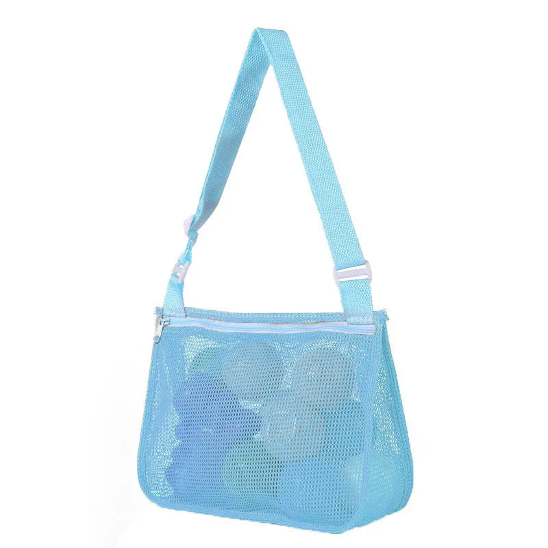 Blue nylon mesh travel storage bag with zip closure for children's toys and clothes