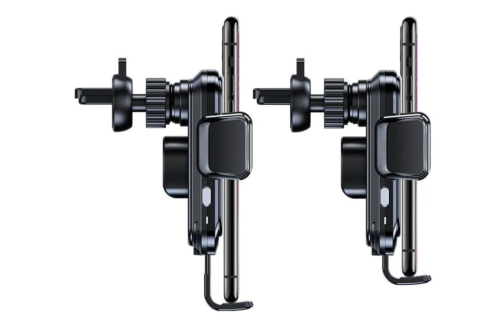 Black car wireless charger with suction cup mount on a car dashboard, ABS joint rod visible
