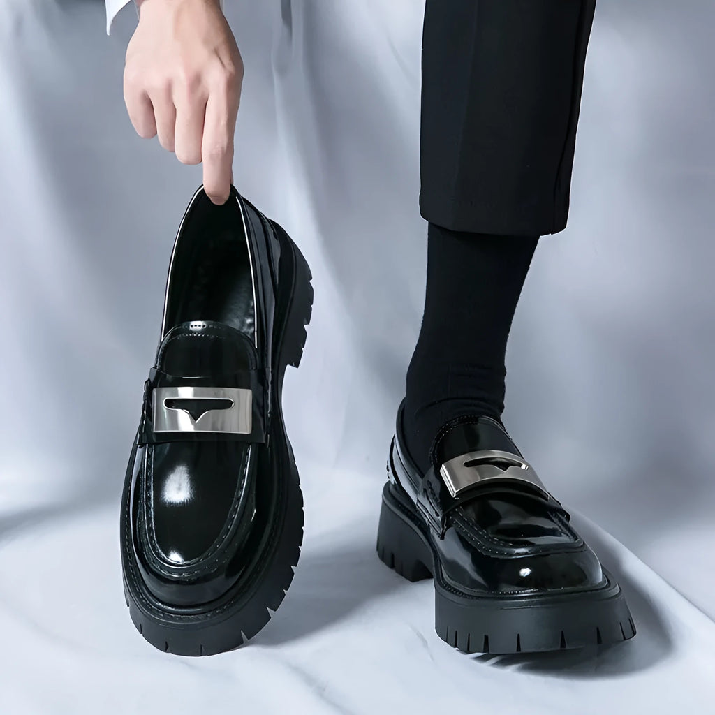 Men's black glossy PU leather platform loafers with a low heel for summer.