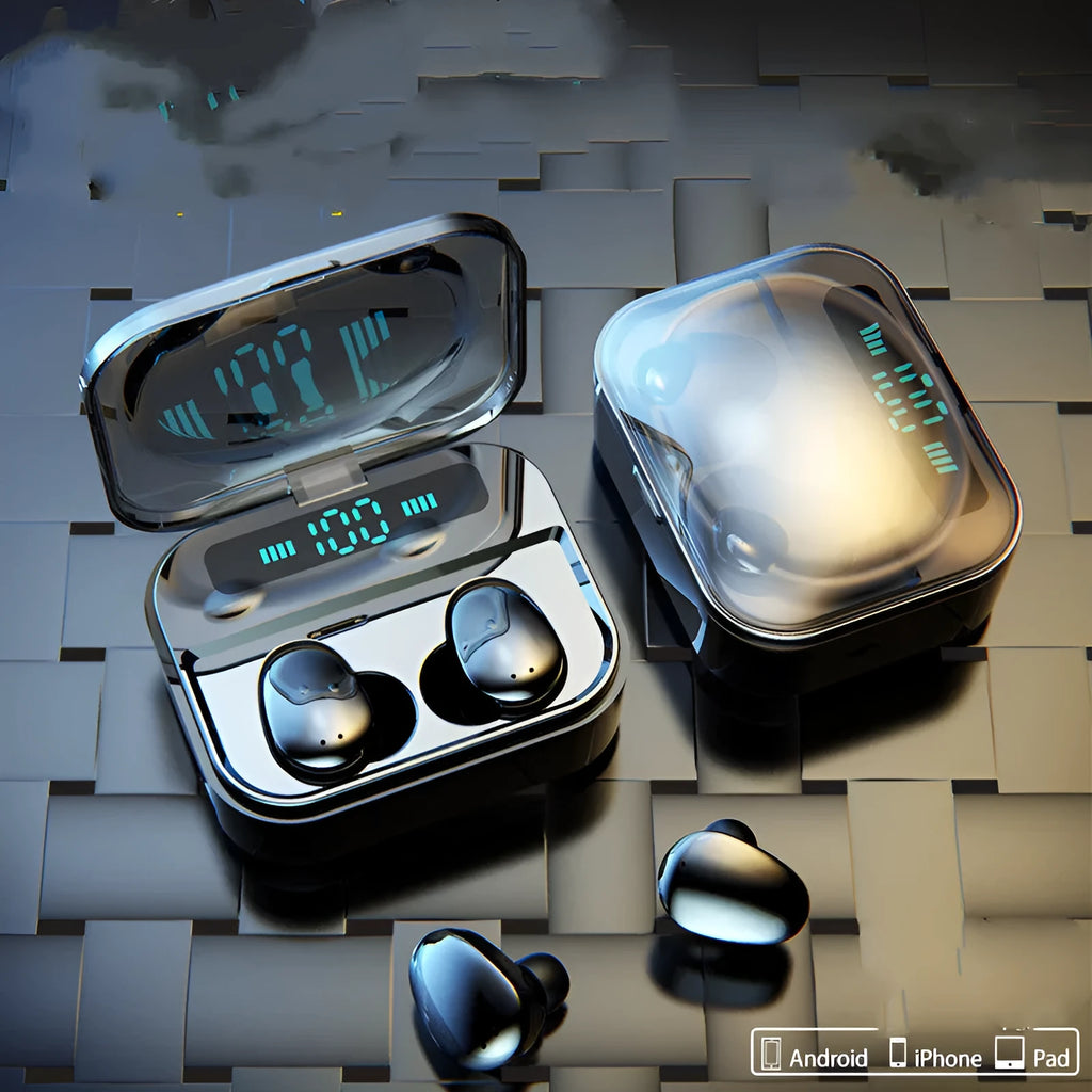 X7LED black wireless Bluetooth sports earbuds with charging case showing LED display