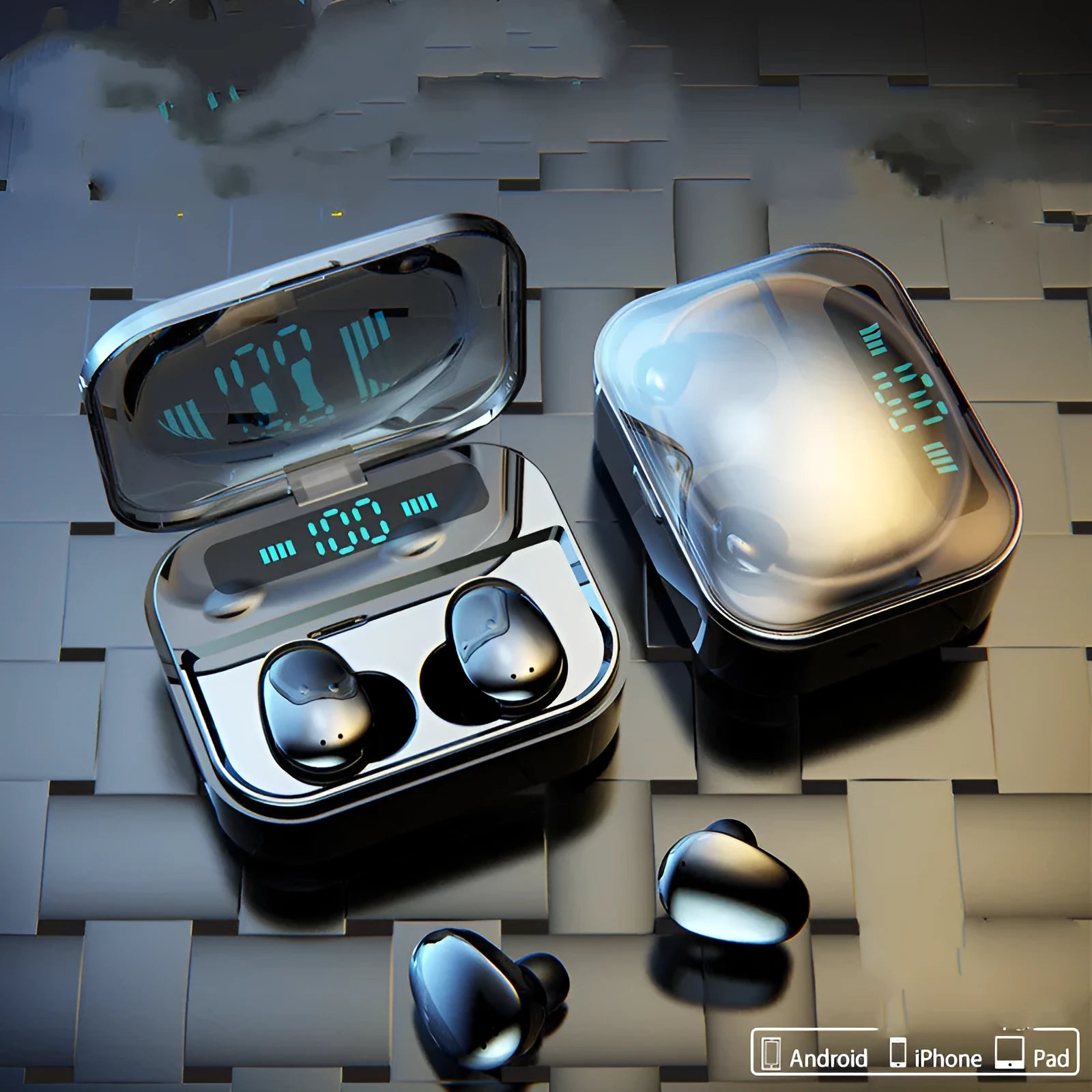 X7LED black wireless Bluetooth sports earbuds with charging case showing LED display