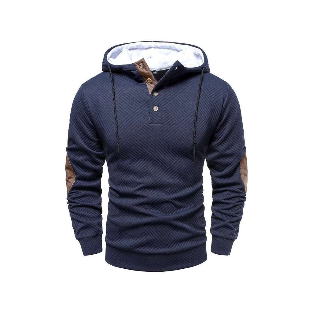 Men's loose hooded casual pullover in dark gray, long sleeves, polyester fibre construction