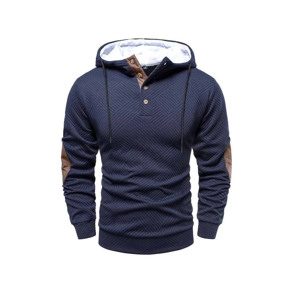 Men's loose hooded casual pullover in dark gray, long sleeves, polyester fibre construction