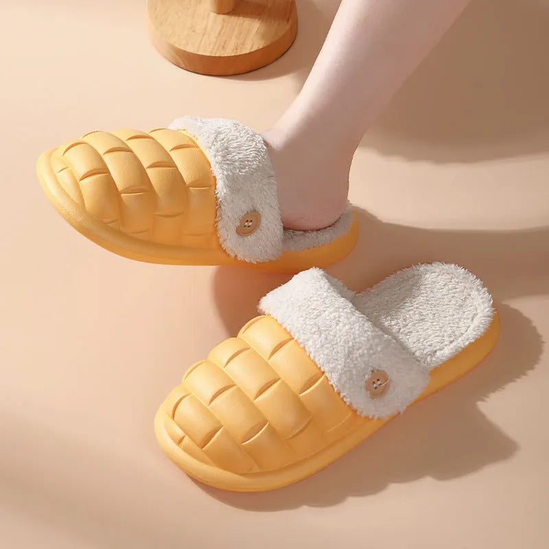 Pink and grey plaid detachable slippers with a soft plush interior and a textured white EVA non-slip sole.