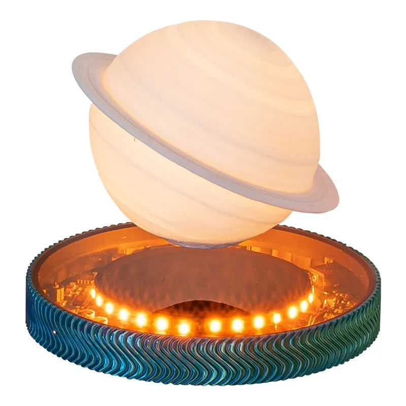 3D printed magnetic suspension night lamp showing moon, Saturn, and bulb design options.
